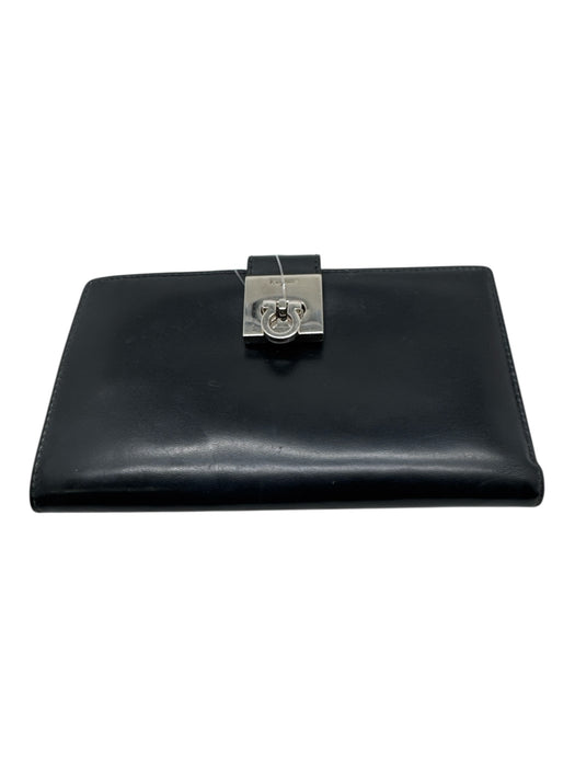 Salvatore Ferragamo Black Leather silver tone hardware Turn Lock Bifold Wallets Black