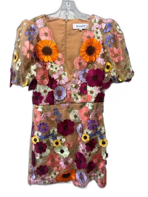 Elliatt Size M Orange & Multi Polyamide Floral Applique Short Puff Sleeve Dress Orange & Multi / M