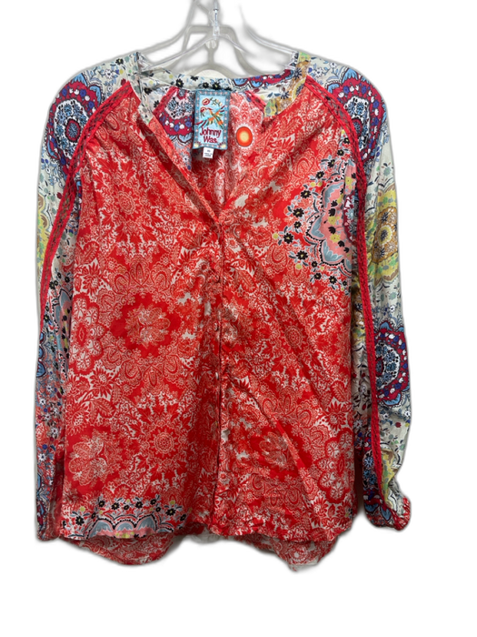 Johnny Was Size XS Red, Beige & Blue Silk Floral Paisley Long Balloon Sleeve Top Red, Beige & Blue / XS