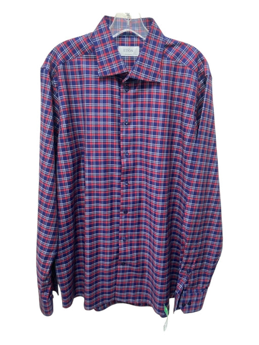 Eton Size 17.5 Red & Navy Cotton Plaid Spread Collar Men's Long Sleeve Shirt 17.5