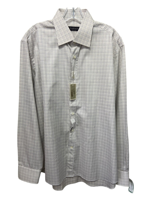 Canali NWT Size XL White & Brown Cotton Grid Spread Collar Long Sleeve Shirt XL