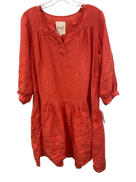 Part Two Size 14 Coral Orange Linen V Neck 3/4 Sleeve Above Knee Dress Coral Orange / 14