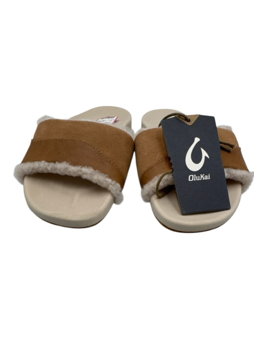 Olukai Shoe Size 7 Tan & cream Leather & Shearling Rubber Sole Slide Sandals Tan & cream / 7