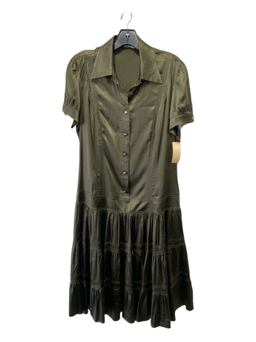 Moschino Size 12 Olive Green Silk Collared Button Up Short Sleeve Midi Dress Olive Green / 12