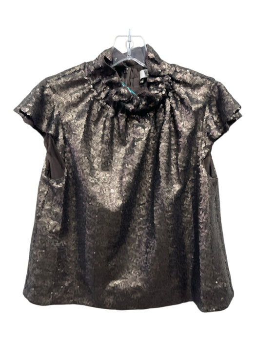 Sea New York Size 2 Bronze Polyester Sequin Ruffle Neckline Cap Sleeve Top Bronze / 2