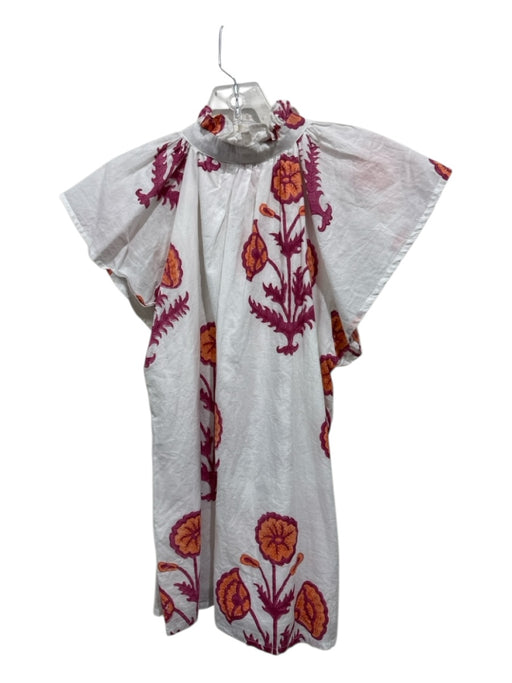 Victoria Dunn Size XS White, Pink & Orange Cotton Ruffle Neck Floral Top White, Pink & Orange / XS