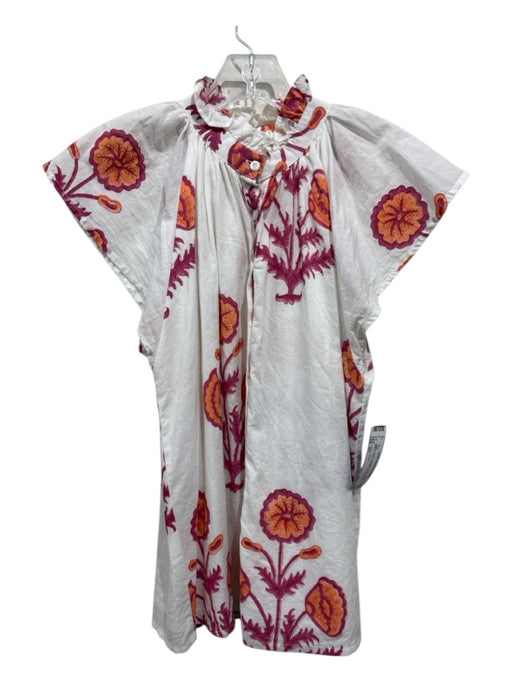 Victoria Dunn Size XS White, Pink & Orange Cotton Ruffle Neck Floral Top White, Pink & Orange / XS