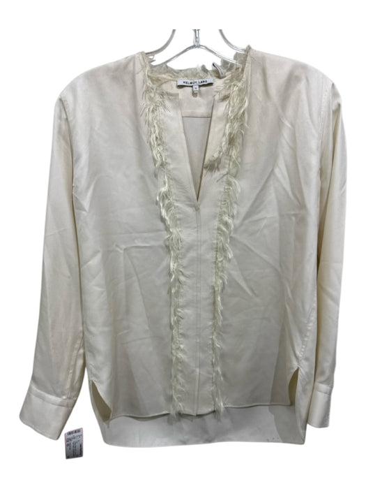 Helmut Lang Size XS Cream White Silk Fur Trim V Neck Front Seam Long Sleeve Top Cream White / XS