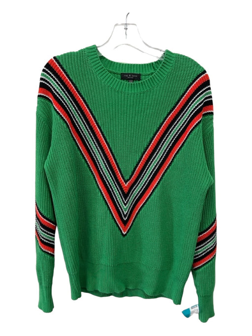 Rag & Bone Size XXS Green Black Red Cotton Stripe Detail Round Neck Knit Sweater Green Black Red / XXS