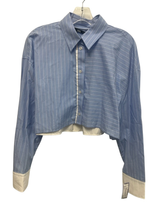 Zara Size M Blue & White Cotton Striped Elastic Waistband Button Front Short Set Blue & White / M