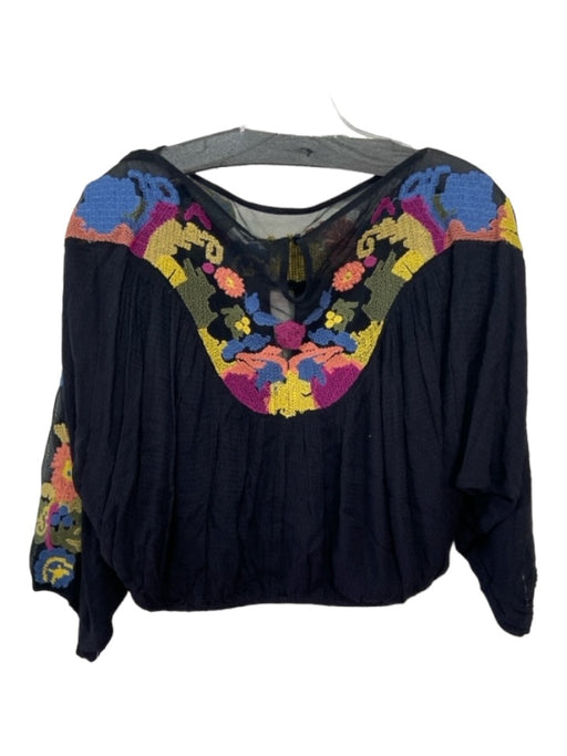 Free People Size S Black & Multi Rayon Blend Embroidered Neckline Gauze Crop Top Black & Multi / S