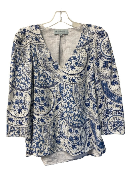 Tuckernuck Size Small Blue & White Cotton Long Sleeve V Neck Abstract FLoral Top Blue & White / Small