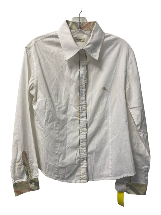 Burberry Size XL White Cotton Button Up Logo Plaid Long Sleeve Top White / XL