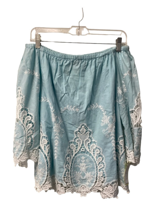 Cynthia Rowley Size L Teal & White Cotton Off Shoulder Embroider Detailing Top Teal & White / L