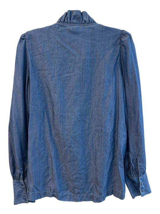 Crown & Ivy Size L Blue Tencel Ruff Collar V Neck Long Sleeve Button Cuffs Top Blue / L