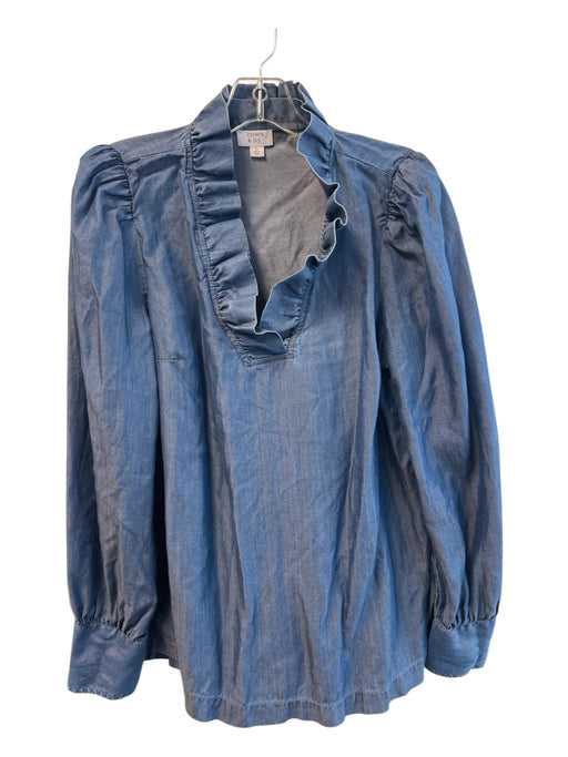 Crown & Ivy Size L Blue Tencel Ruff Collar V Neck Long Sleeve Button Cuffs Top Blue / L