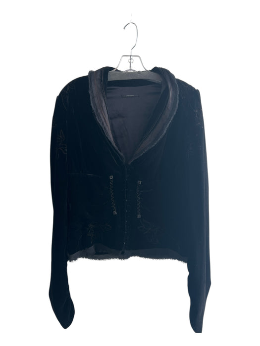 Elie Tahari Size Large Black Rayon Blend V Neck Velour Raw silk detail Jacket Black / Large