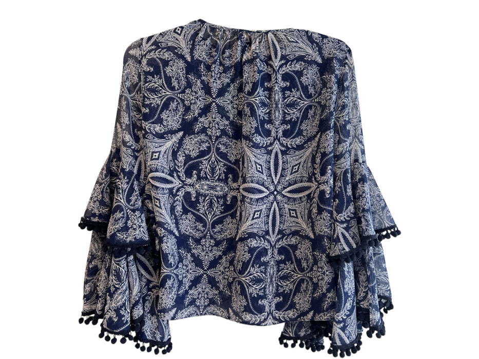 Misa Size XS Navy & white Viscose Tie V Neck Long Trumpet Sleeve Pom Pom Top Navy & white / XS