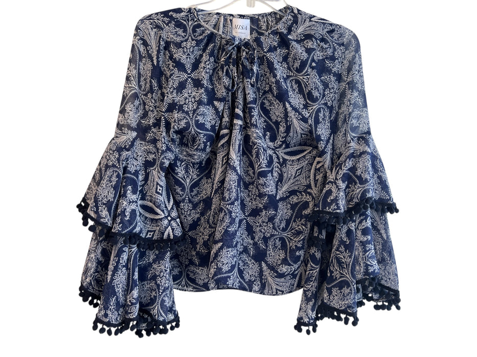 Misa Size XS Navy & white Viscose Tie V Neck Long Trumpet Sleeve Pom Pom Top Navy & white / XS