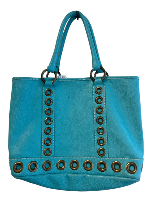Isabella Fiore Turquiose Leather Brass Hardware Grommet Detail Tassel Tote Bag Turquiose