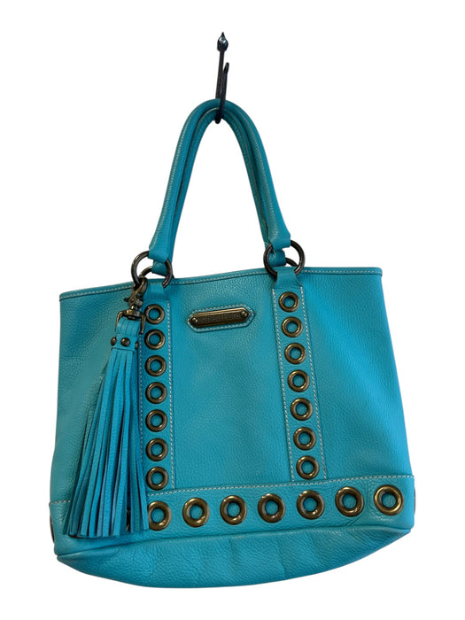 Isabella Fiore Turquiose Leather Brass Hardware Grommet Detail Tassel Tote Bag Turquiose