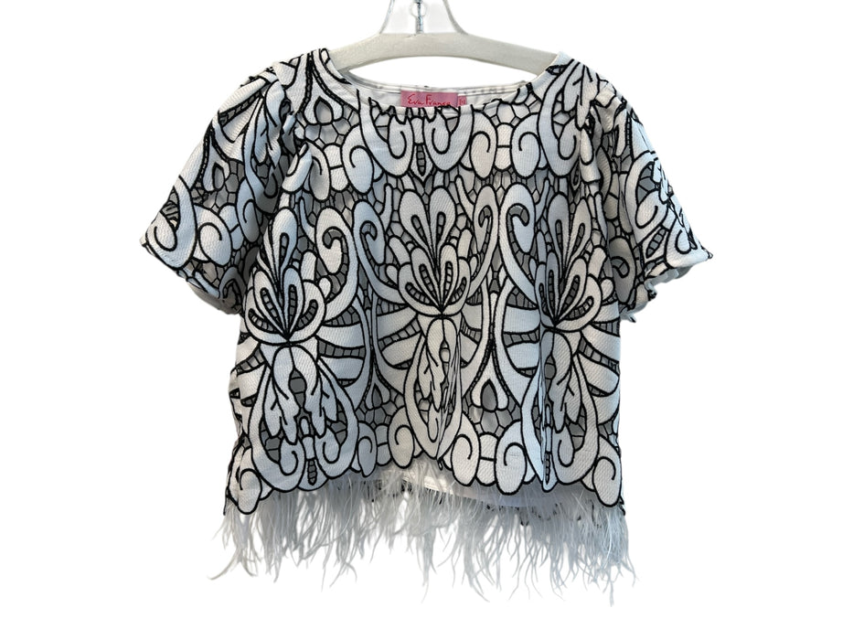 Eva Franco Size L Black Polyester Embroidered Lace Feather Trim Boxy Top Black / L