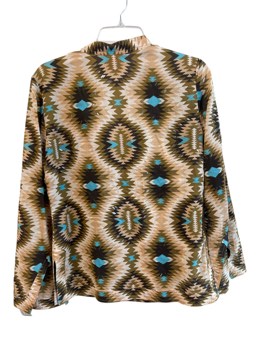 Tory Burch Size 6 Brown & Blue Cotton V Neck Long Sleeve Geometric Top Brown & Blue / 6