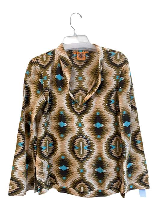 Tory Burch Size 6 Brown & Blue Cotton V Neck Long Sleeve Geometric Top Brown & Blue / 6