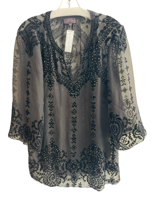 Hale Bob Size Medium Black Silk Sheer Velvet Accents Long Sleeve Top Black / Medium