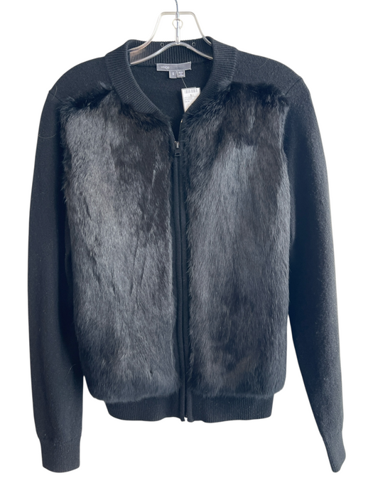 Vince Black Wool Blend Ribbed Rabbit Fur Round Neck Jacket Black