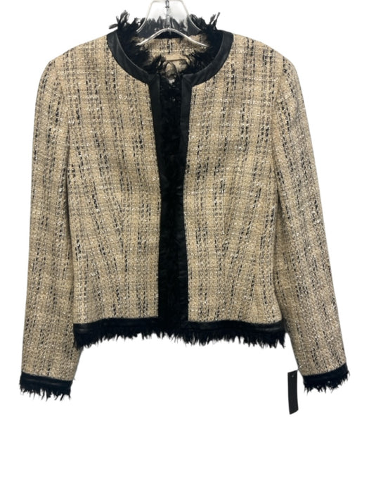 Escada Size 38 Cream Beige & Black Wool Blend Tweed PU Leather Trim Jacket Cream Beige & Black / 38