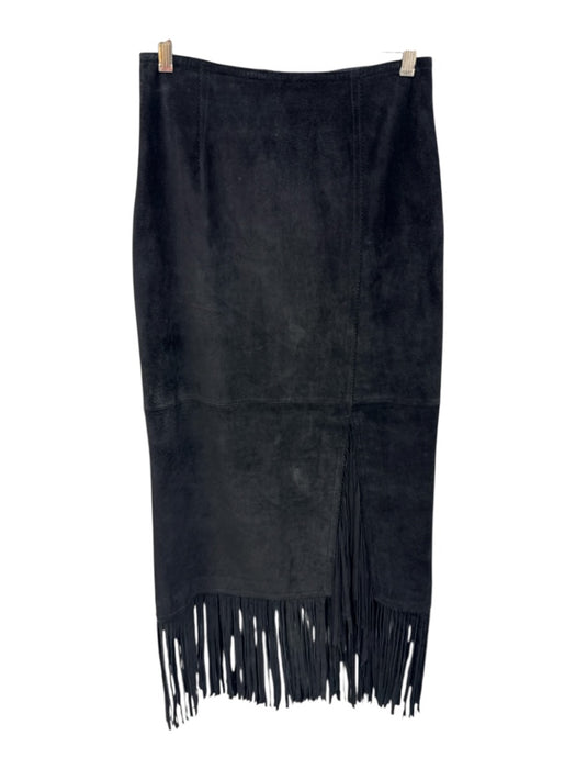 White House Black Market Size 6 Black Leather Suede Fringe Front Slit Midi Skirt Black / 6