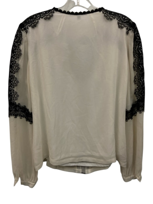 Nanette Lepore Size 8 Cream White & Black Silk Lace Detail V Neck Semi Sheer Top Cream White & Black / 8