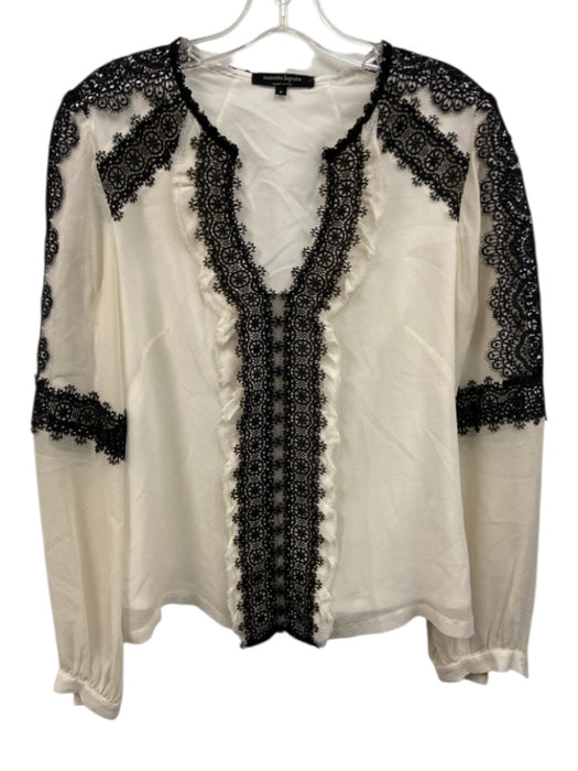 Nanette Lepore Size 8 Cream White & Black Silk Lace Detail V Neck Semi Sheer Top Cream White & Black / 8