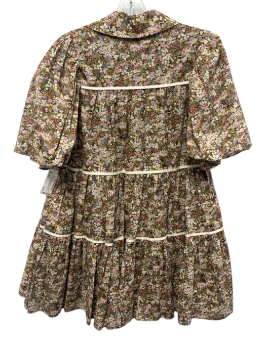 Aureum Size XS Tan, Pink & Blue Cotton Short Puff Sleeve Floral Tiered Dress Tan, Pink & Blue / XS