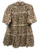 Aureum Size XS Tan, Pink & Blue Cotton Short Puff Sleeve Floral Tiered Dress Tan, Pink & Blue / XS