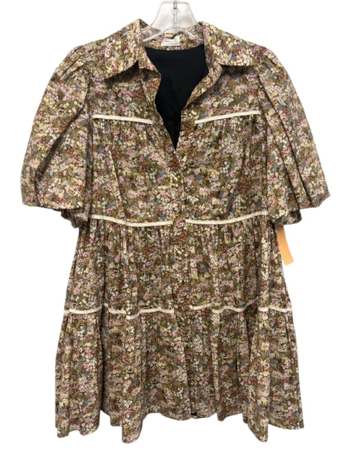 Aureum Size XS Tan, Pink & Blue Cotton Short Puff Sleeve Floral Tiered Dress Tan, Pink & Blue / XS