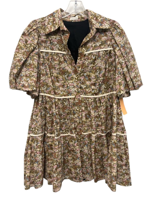Aureum Size XS Tan, Pink & Blue Cotton Short Puff Sleeve Floral Tiered Dress Tan, Pink & Blue / XS