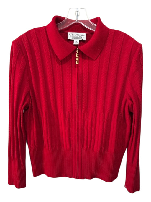 St. John Collection Size 12 Red Wool & Rayon Cable Knit Gold Zipper Cardigan Red / 12