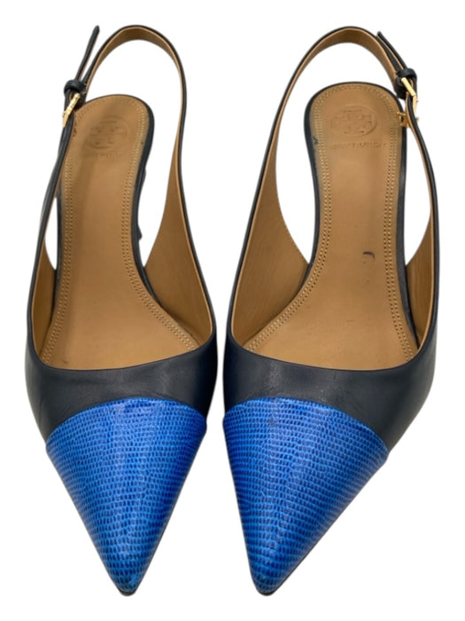 Tory Burch Shoe Size 7 Navy Blue & Blue Leather Embossed Detail Midi Heel Pumps Navy Blue & Blue / 7