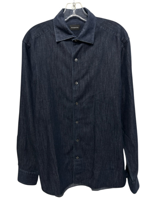 Ermenegildo Zegna Size M Navy Blue Cotton Solid Button Down Long Sleeve Shirt Navy Blue / M