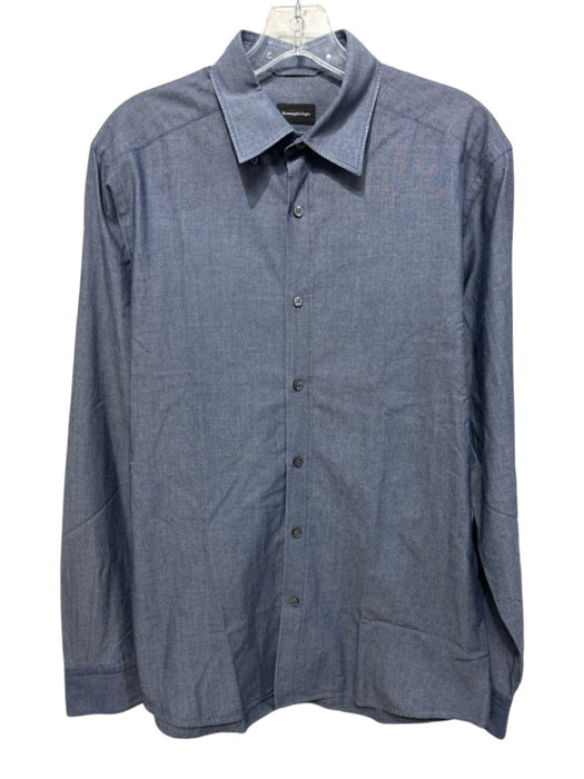 Ermenegildo Zegna Size M Blue Cotton Solid Button Down Men's Long Sleeve Shirt Blue / M