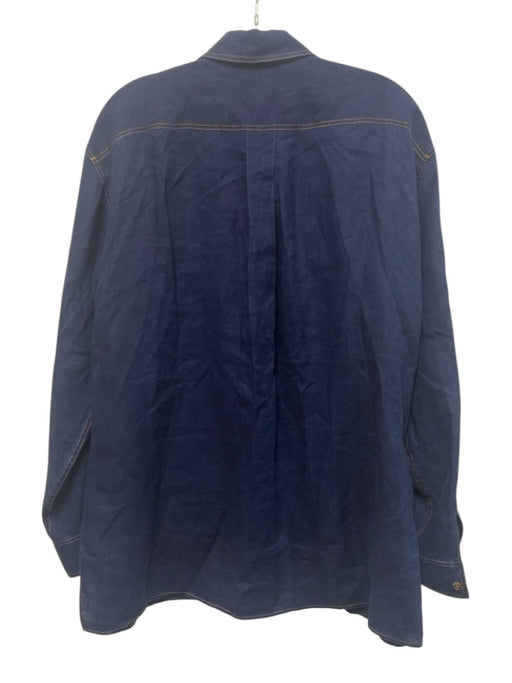 Lafayette 148 Size S Navy Blue Linen Long Sleeve Contrast Stitch Denim Look Top Navy Blue / S