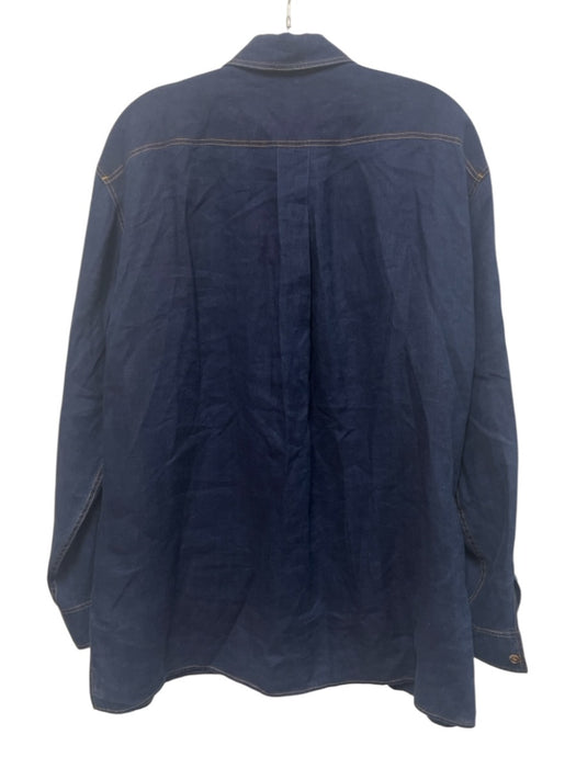 Lafayette 148 Size S Navy Blue Linen Long Sleeve Contrast Stitch Denim Look Top Navy Blue / S