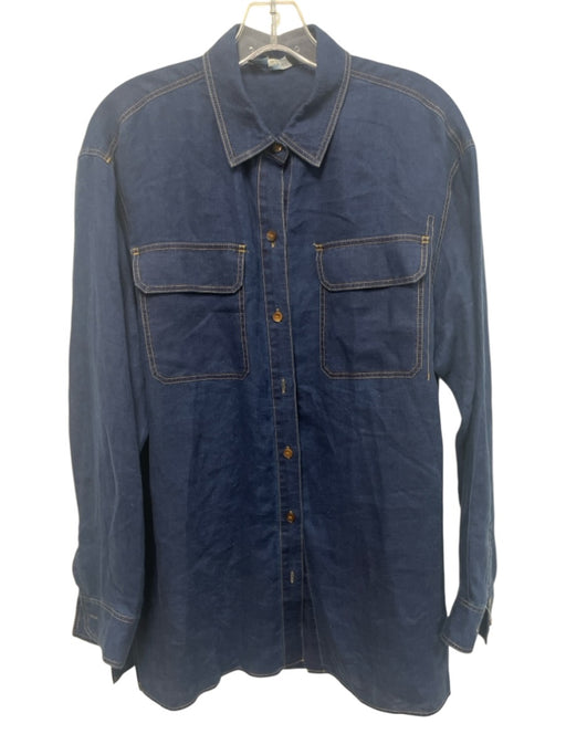 Lafayette 148 Size S Navy Blue Linen Long Sleeve Contrast Stitch Denim Look Top Navy Blue / S