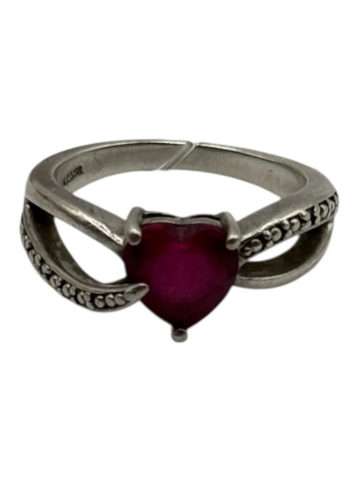 Silver & Red 925 Silver Ruby Heart Shape Stone Textured Overlap Ring Silver & Red