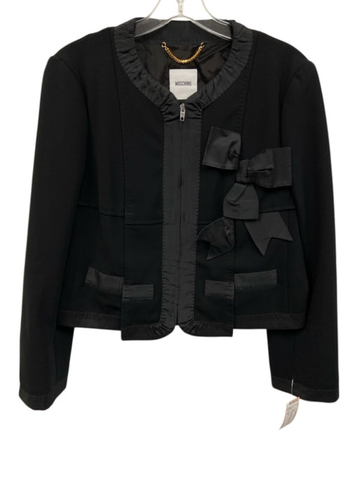 Moschino Size 12 Black Triacetate Zippers Bow Applique Long Sleeve Jacket Black / 12