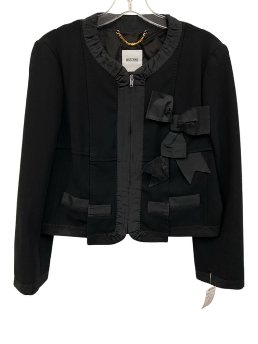 Moschino Size 12 Black Triacetate Zippers Bow Applique Long Sleeve Jacket Black / 12