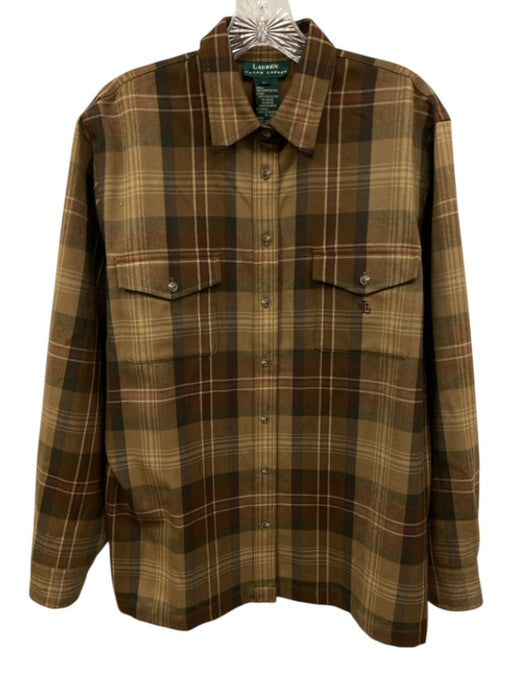 Lauren Ralph Lauren Size L brown & tan print Wool Button Down Plaid Collared Top brown & tan print / L