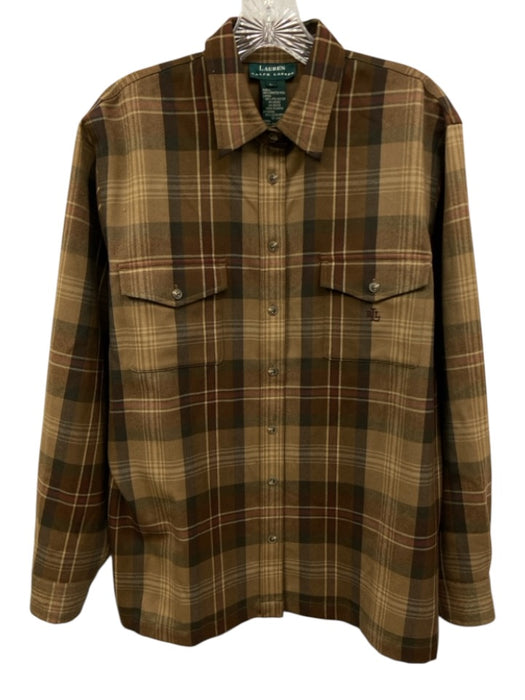 Lauren Ralph Lauren Size L brown & tan print Wool Button Down Plaid Collared Top brown & tan print / L